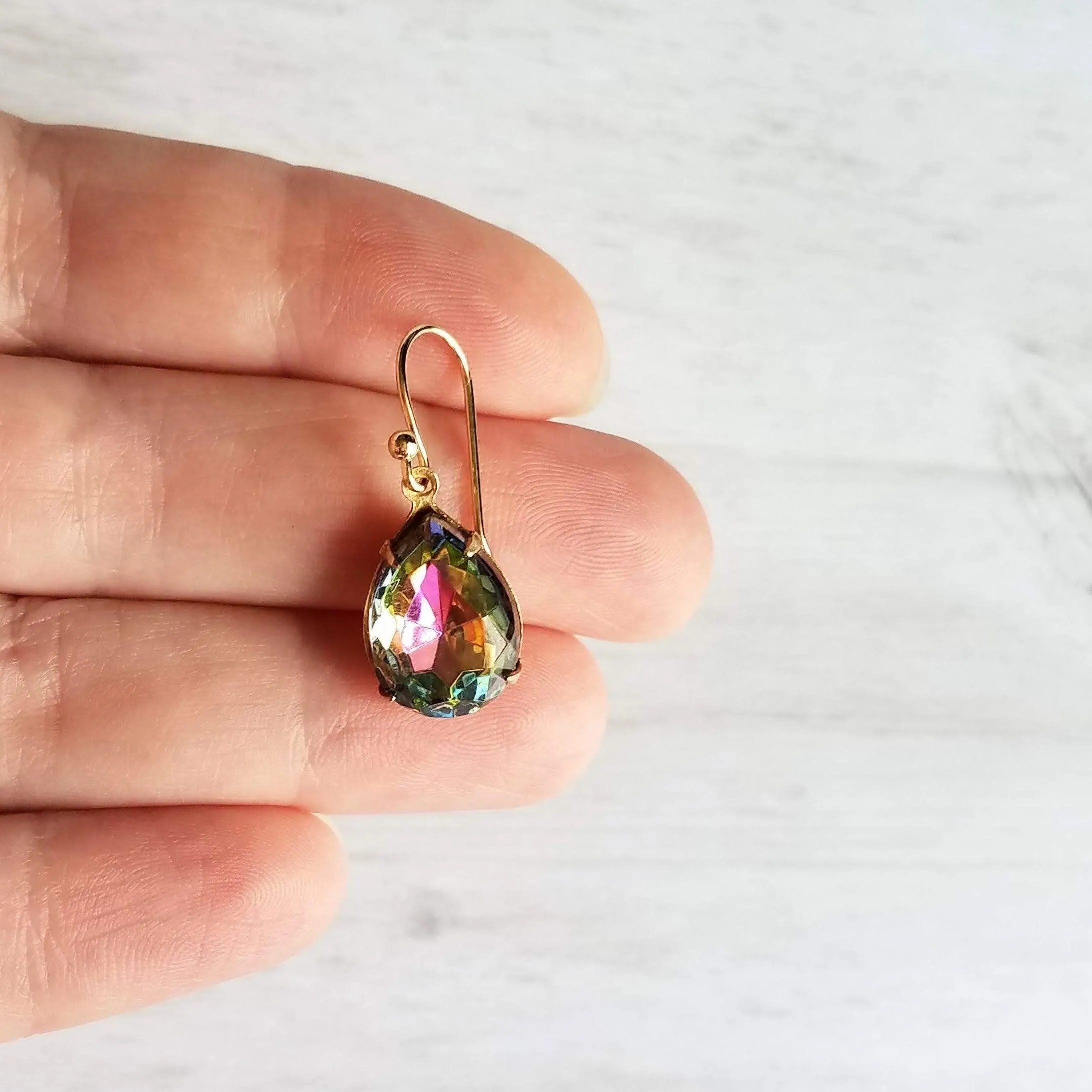 Swarovski Crystal Teardrop Earrings - large crystal earring, rainbow crystal earring, jewel tone earrings, gold crystal earring, vitrail drop