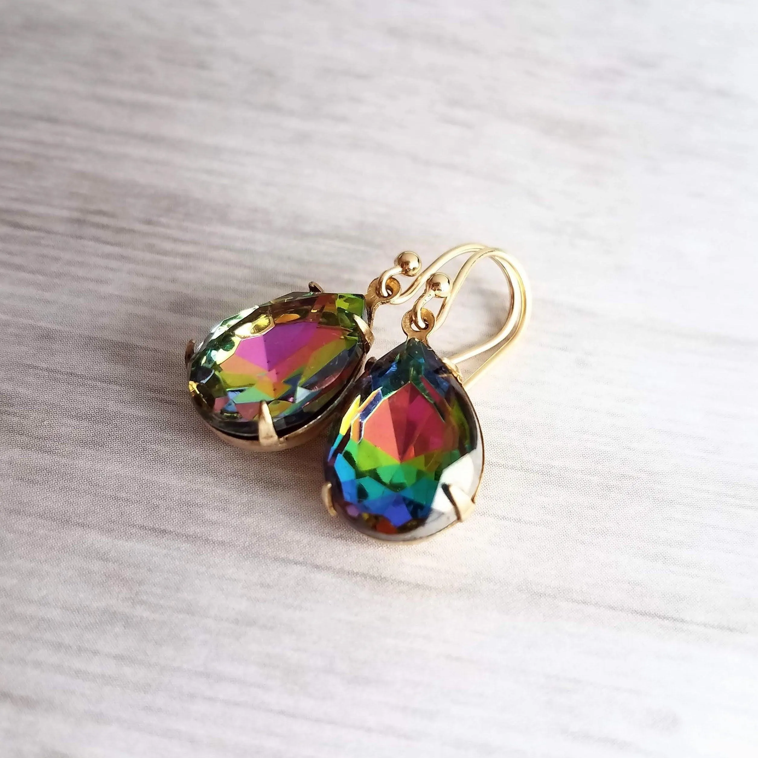 Swarovski Crystal Teardrop Earrings - large crystal earring, rainbow crystal earring, jewel tone earrings, gold crystal earring, vitrail drop