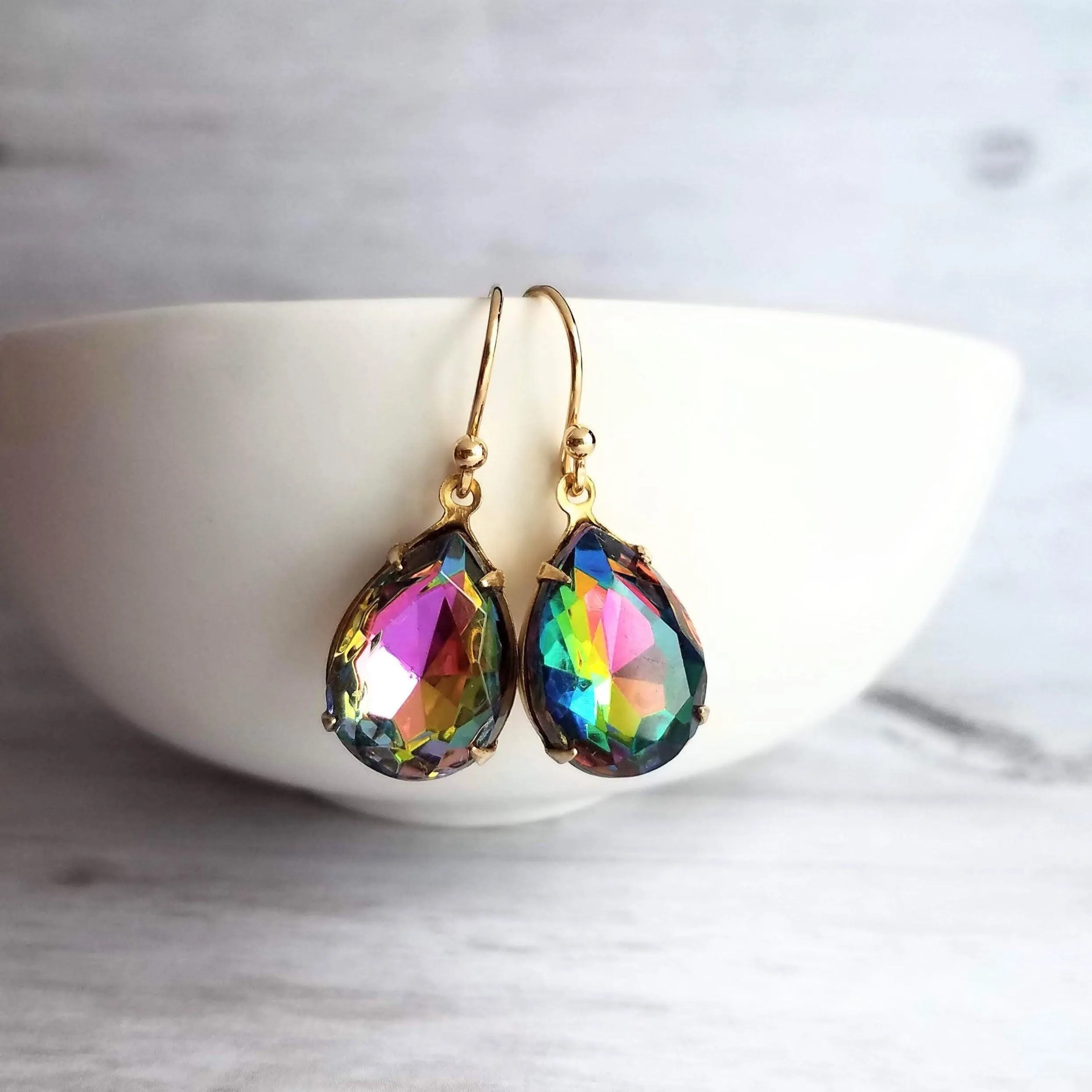 Swarovski Crystal Teardrop Earrings - large crystal earring, rainbow crystal earring, jewel tone earrings, gold crystal earring, vitrail drop
