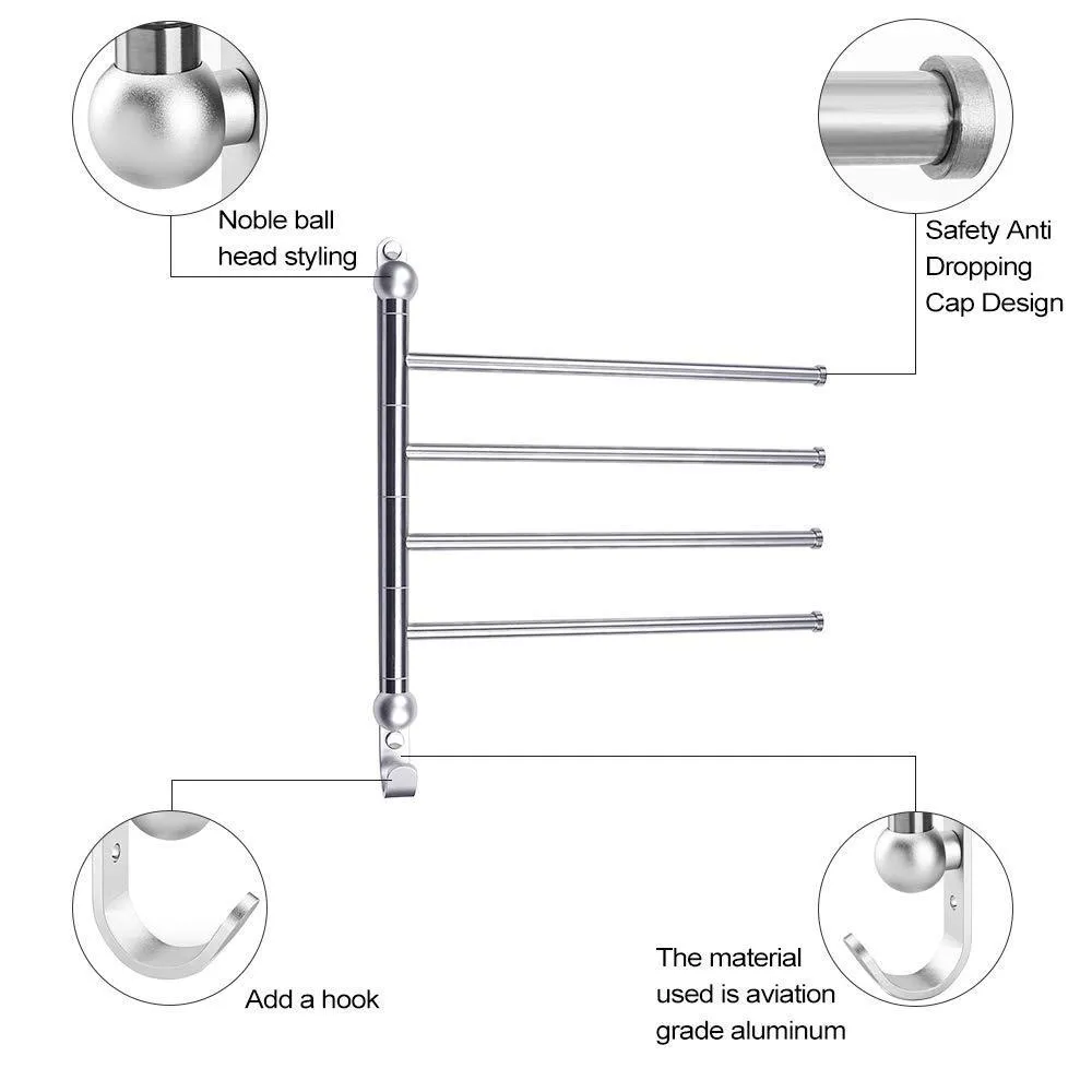 Swivel Towel Bar for Bathroom,Swing Arm Towel Rack forBedroom,Wall-Mounted Stainless Steel Swivel Bars 4-Arm for Kitchen,Entryway Hanger Holder Organizer with Hooks,Noble Ball Head Styling Design