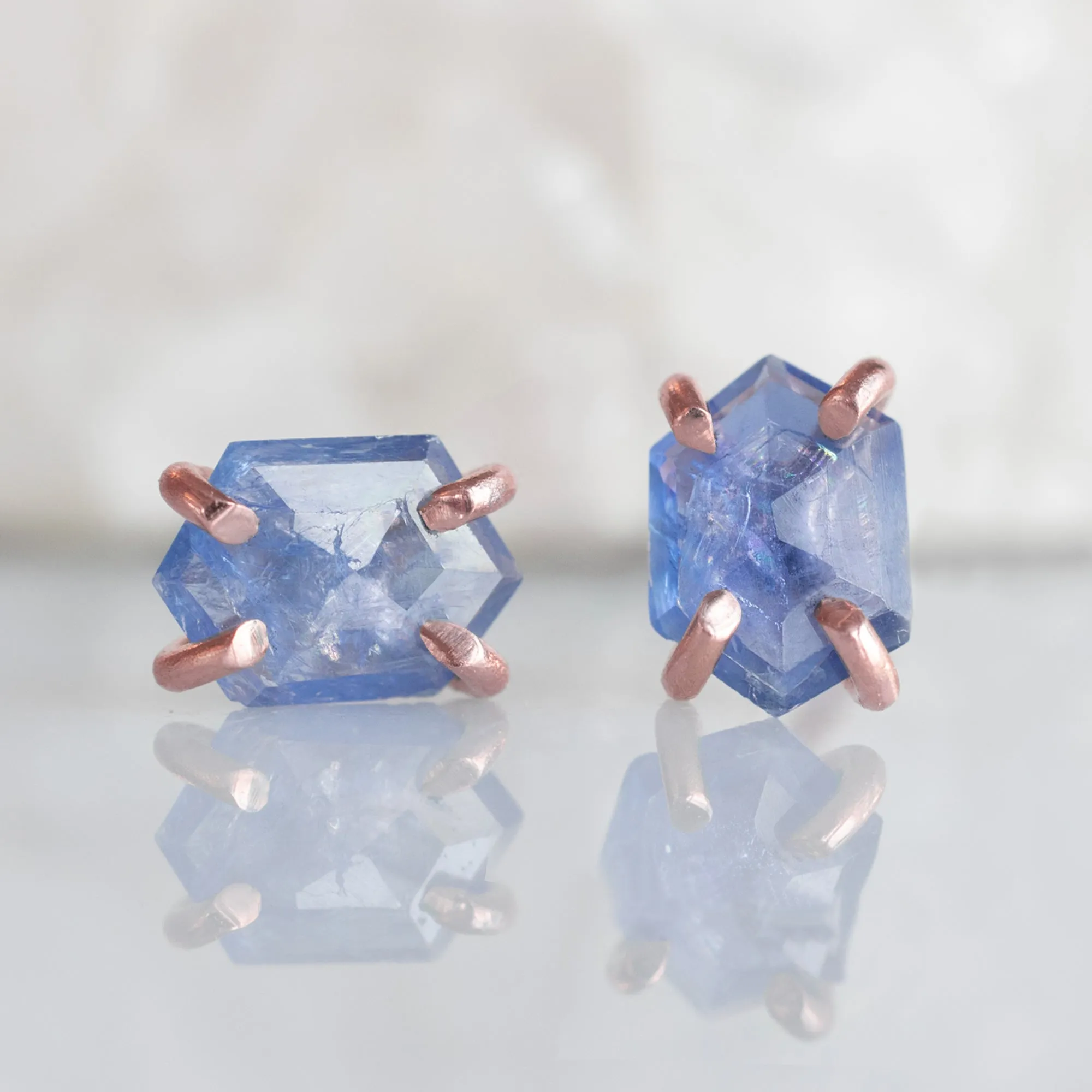 The Hexagon Blue Sapphire Stud Earrings | 14K Rose Gold