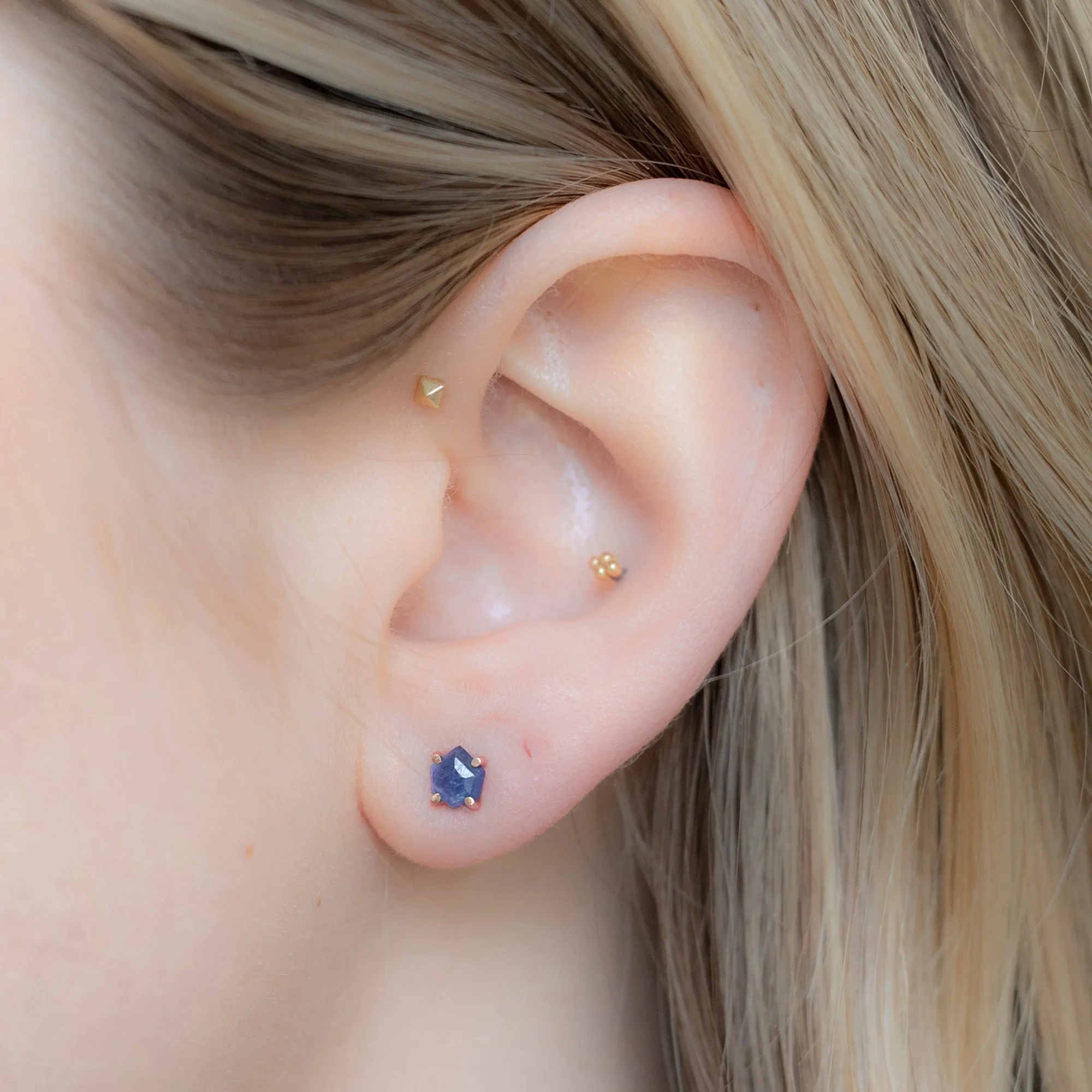 The Hexagon Blue Sapphire Stud Earrings | 14K Rose Gold
