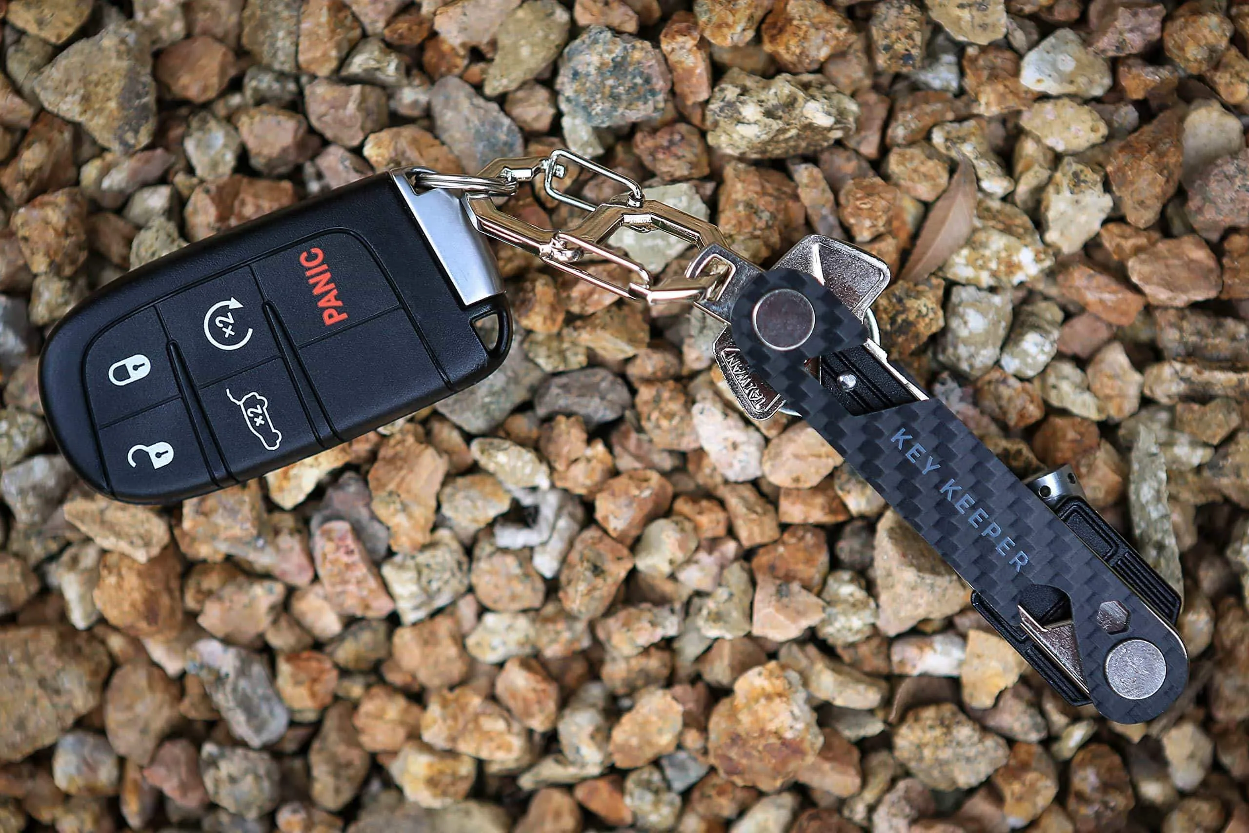 The Original Key Keeper Compact Key Organizer - Made of Carbon Fiber & Stainless Steel - LED Flashlight Key Knife Screwdriver Wrench Bottle Opener Keychain Carabiner Smart Phone Holder Holds 14 Keys