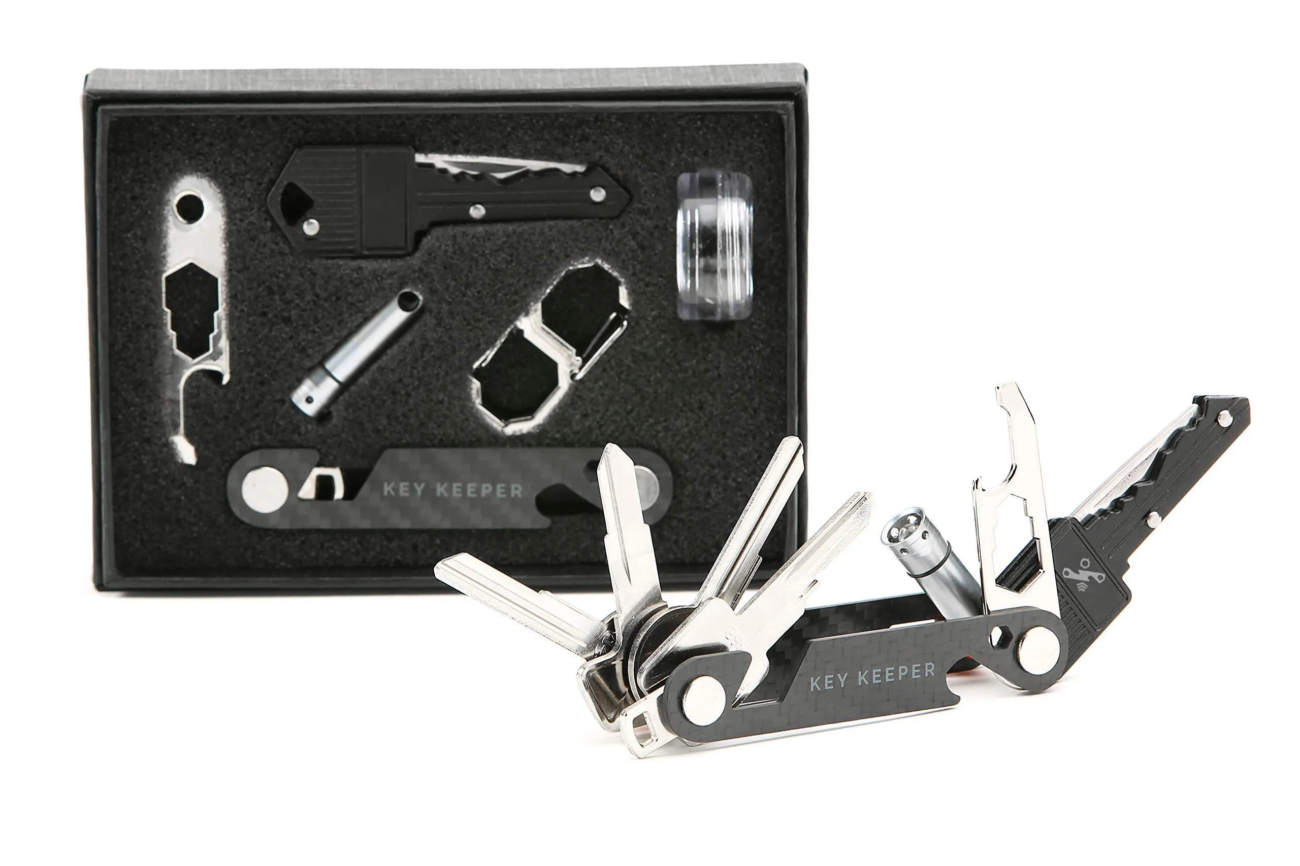 The Original Key Keeper Compact Key Organizer - Made of Carbon Fiber & Stainless Steel - LED Flashlight Key Knife Screwdriver Wrench Bottle Opener Keychain Carabiner Smart Phone Holder Holds 14 Keys