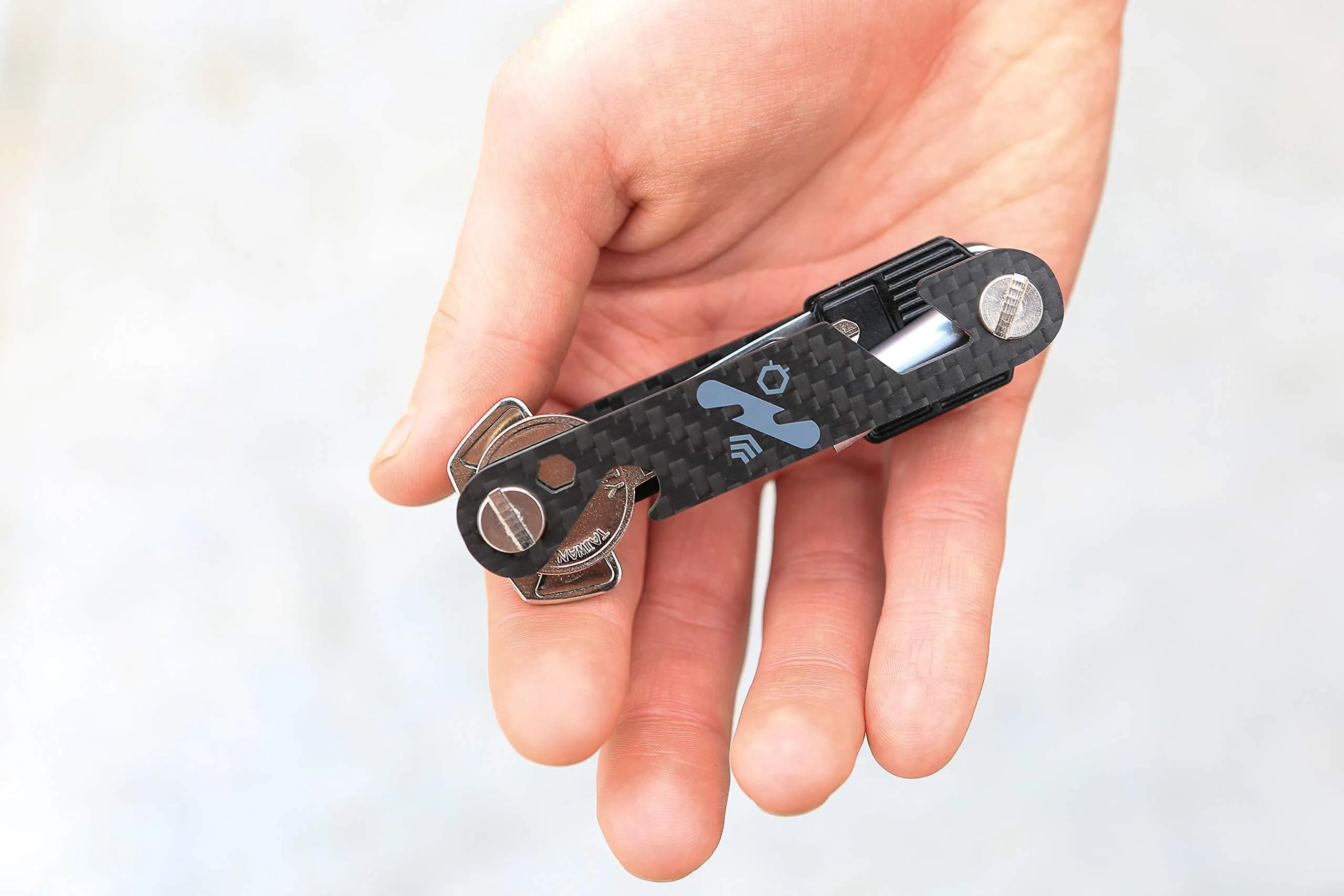 The Original Key Keeper Compact Key Organizer - Made of Carbon Fiber & Stainless Steel - LED Flashlight Key Knife Screwdriver Wrench Bottle Opener Keychain Carabiner Smart Phone Holder Holds 14 Keys