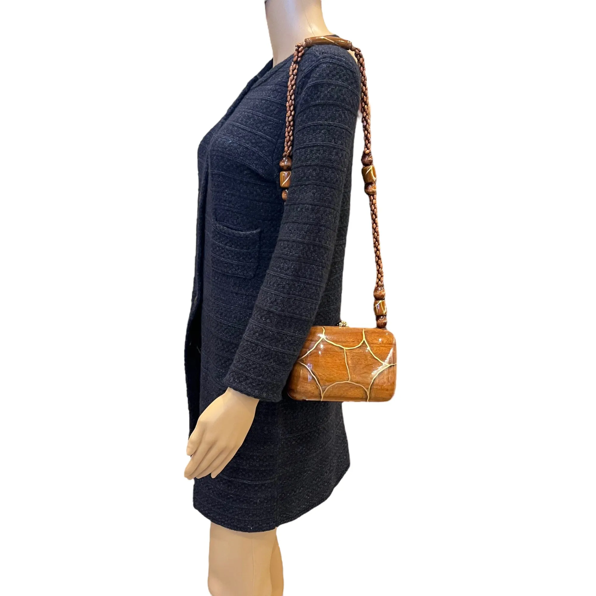 TIMMY WOODS Carved Wood Shoulder Bag - Brown & Gold