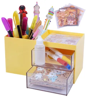 Toyshine Multi-Functional Desk Drawer Organizer Storages Box inbuilt 3 Compartments and 2 Drawers with Kawaii Sticker Sheets -Yellow