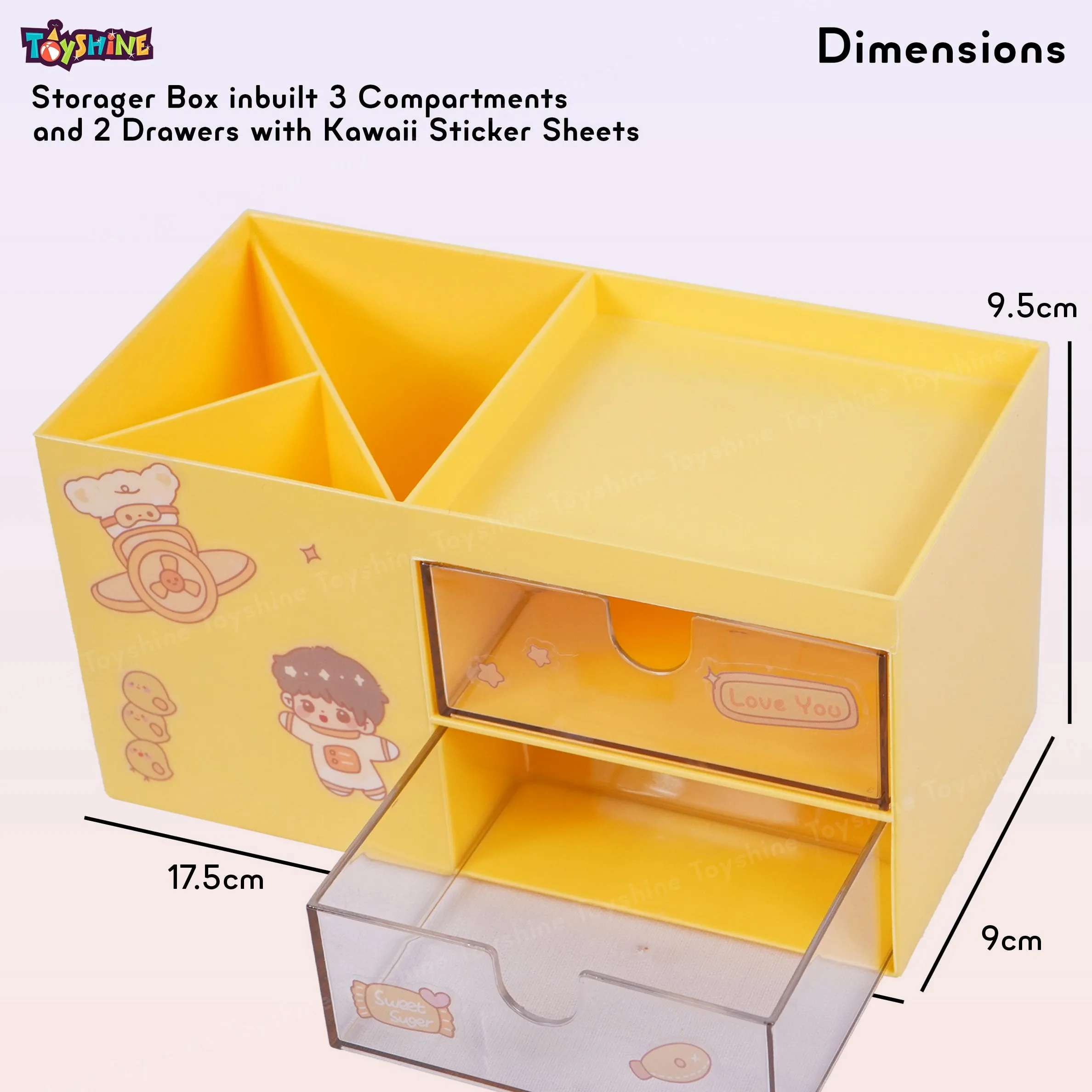 Toyshine Multi-Functional Desk Drawer Organizer Storages Box inbuilt 3 Compartments and 2 Drawers with Kawaii Sticker Sheets -Yellow