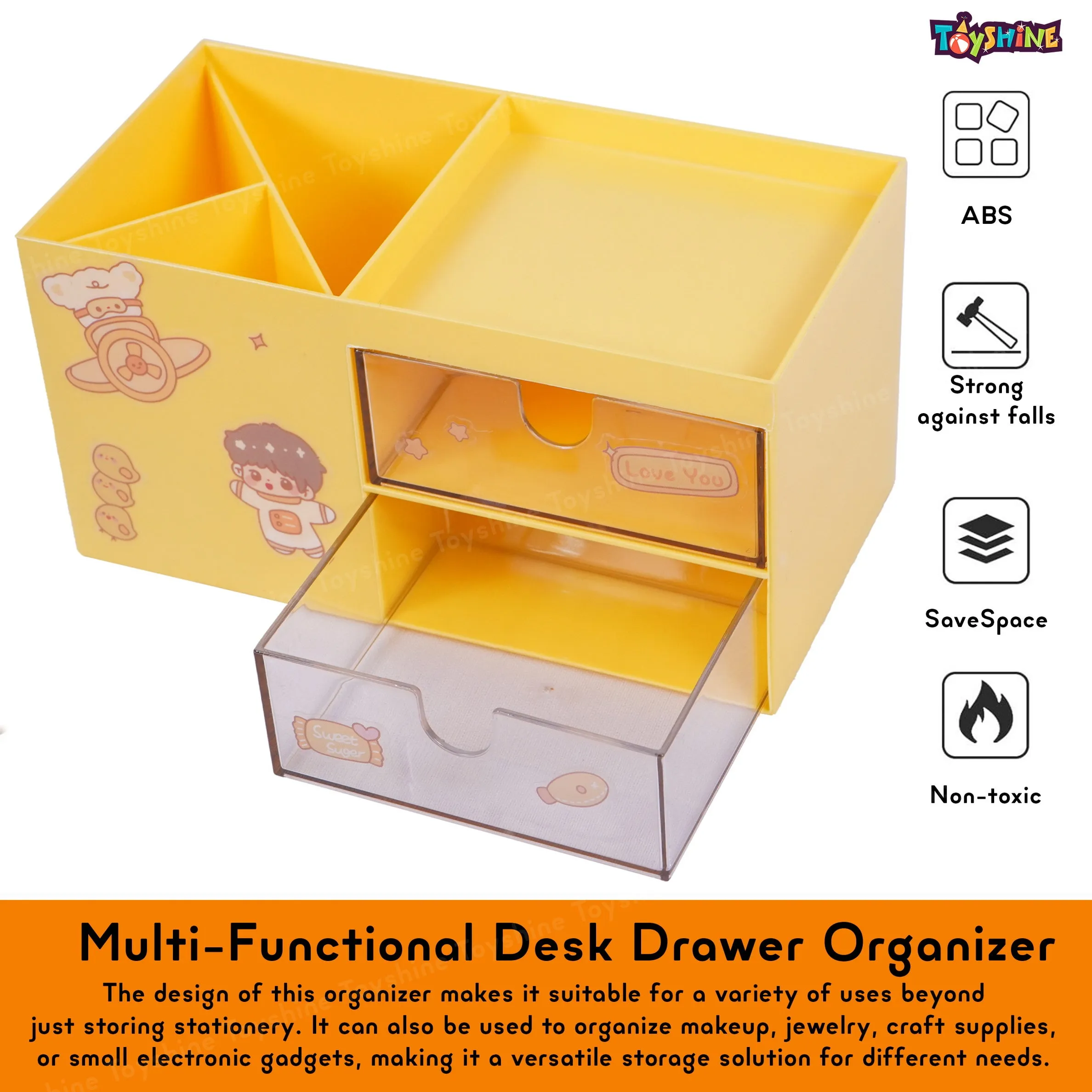 Toyshine Multi-Functional Desk Drawer Organizer Storages Box inbuilt 3 Compartments and 2 Drawers with Kawaii Sticker Sheets -Yellow