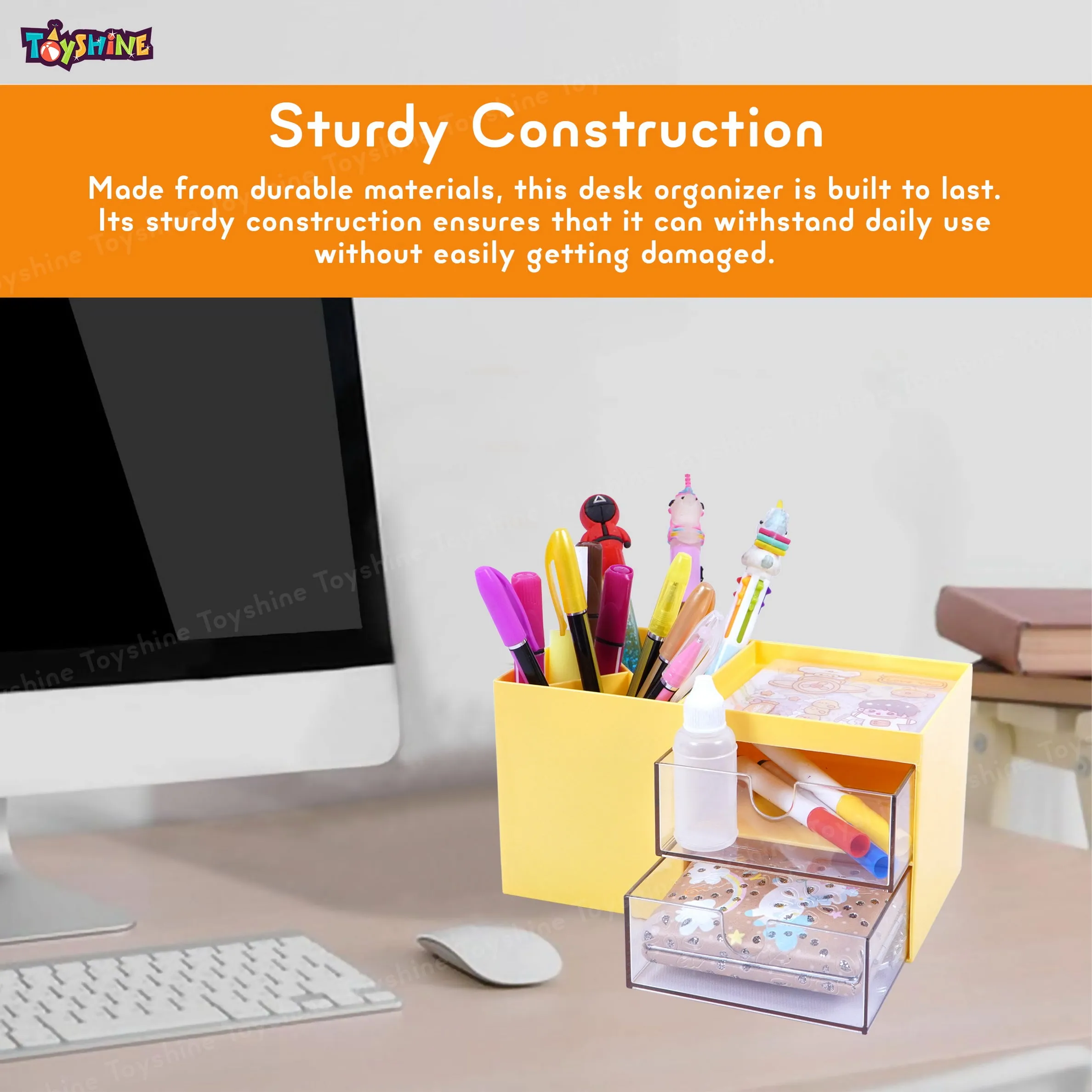 Toyshine Multi-Functional Desk Drawer Organizer Storages Box inbuilt 3 Compartments and 2 Drawers with Kawaii Sticker Sheets -Yellow