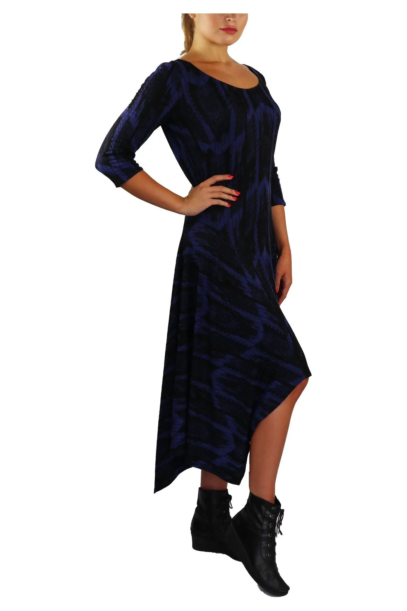TRUDY Asymmetrical Hem 3/4 Sleeves Jacquard Dress