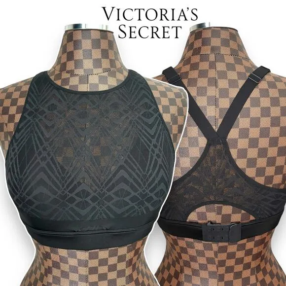Victorias Secret On Point Bra 36B Black Sheer Athleisure Art Deco Sports Lounge