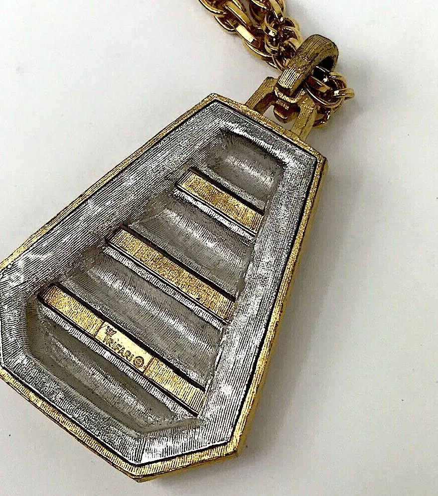 Vintage Crown Trifari 1960s Ribbed Pendant Mixed Metal Goldplated Mod Geometric Necklace
