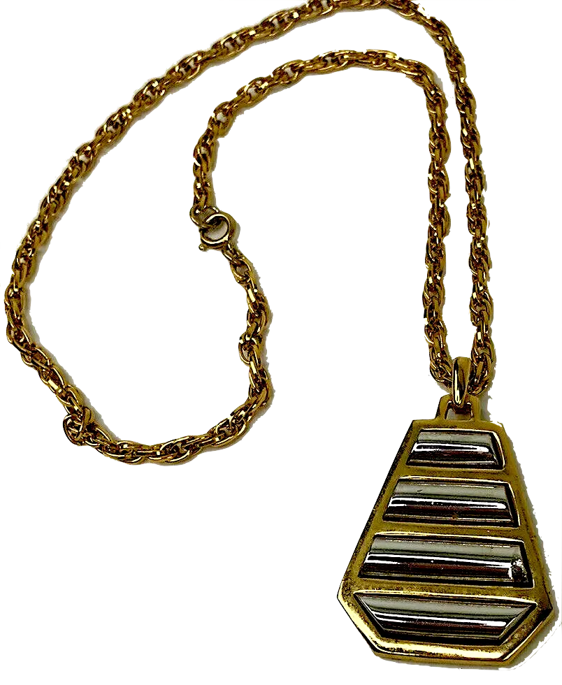 Vintage Crown Trifari 1960s Ribbed Pendant Mixed Metal Goldplated Mod Geometric Necklace