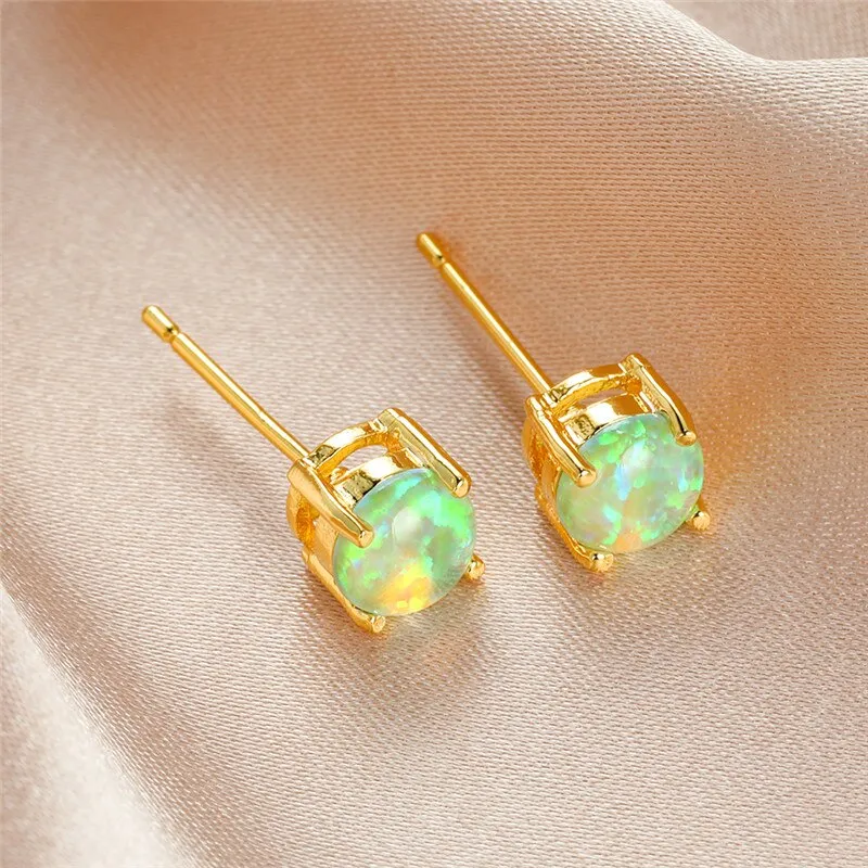 Vintage Fire Opal Stud Earrings For Women 14K Yellow Gold Wedding Jewelry