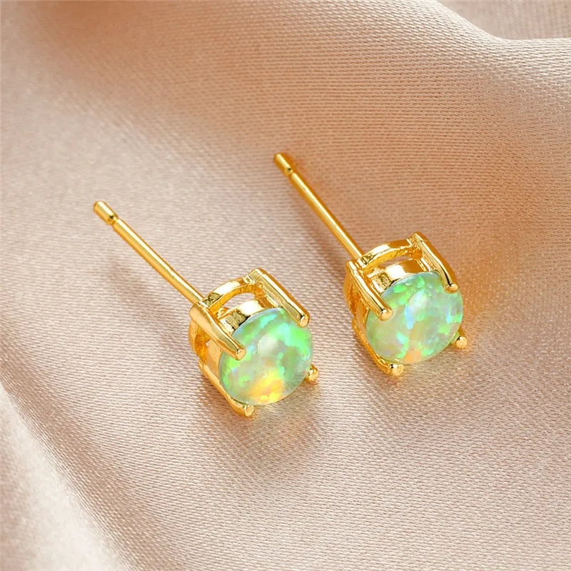 Vintage Fire Opal Stud Earrings For Women 14K Yellow Gold Wedding Jewelry