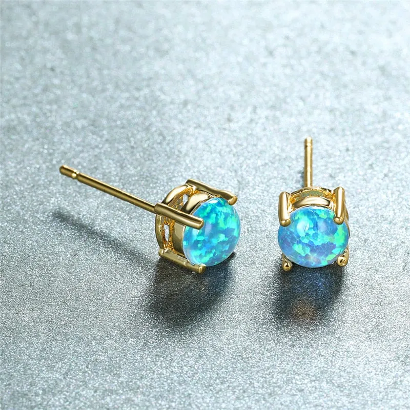 Vintage Fire Opal Stud Earrings For Women 14K Yellow Gold Wedding Jewelry