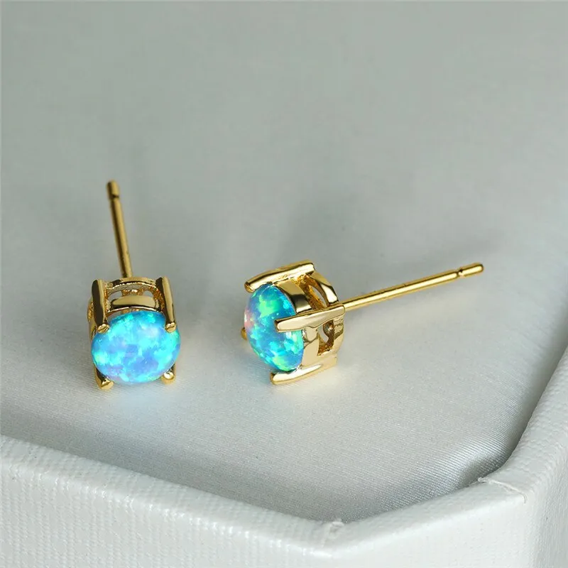 Vintage Fire Opal Stud Earrings For Women 14K Yellow Gold Wedding Jewelry