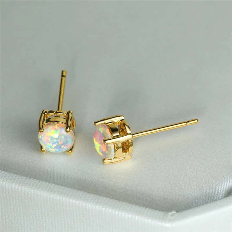 Vintage Fire Opal Stud Earrings For Women 14K Yellow Gold Wedding Jewelry