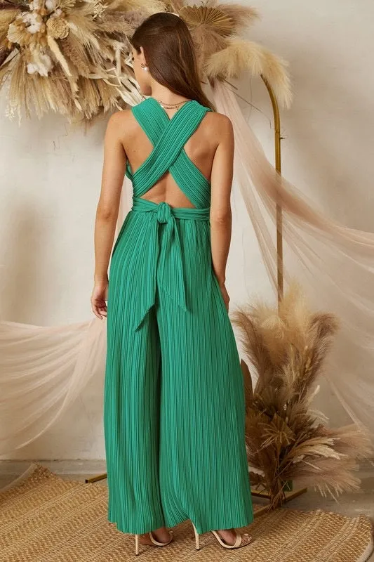 Waist band v-neck jewel green jumpsuit