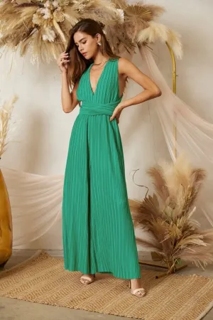 Waist band v-neck jewel green jumpsuit