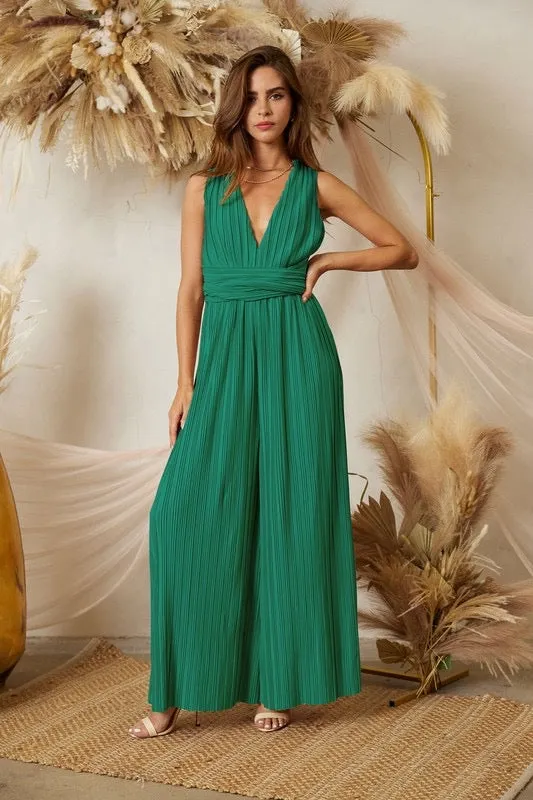 Waist band v-neck jewel green jumpsuit