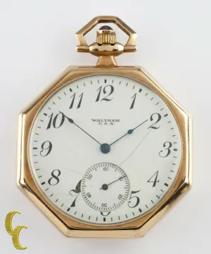 Waltham Octagon Antique 14k Open Face Pocket Watch Gr 225 12S 17 Jewel
