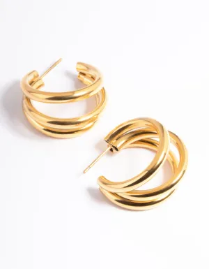 Waterproof Gold Plated Stainless Steel Triple Hoop Earrings