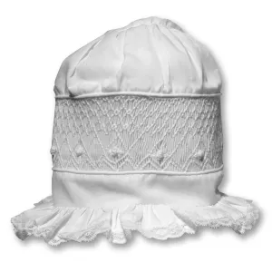 White Bonnet with White Geometric Smocking & Lace