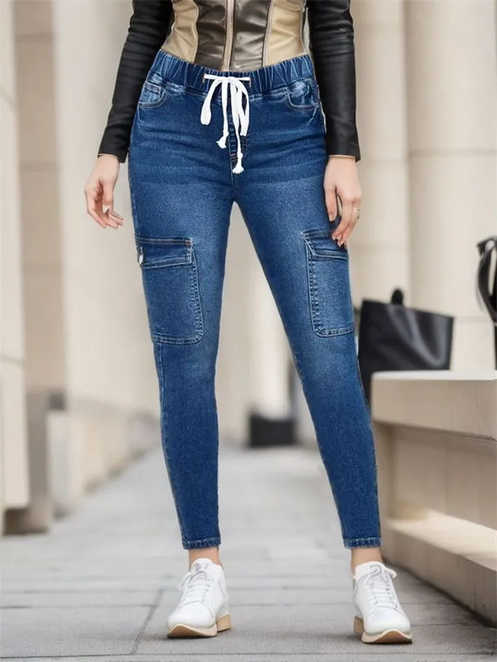 Women's Dark Blue Drawstring Multi-pocket Jeans
