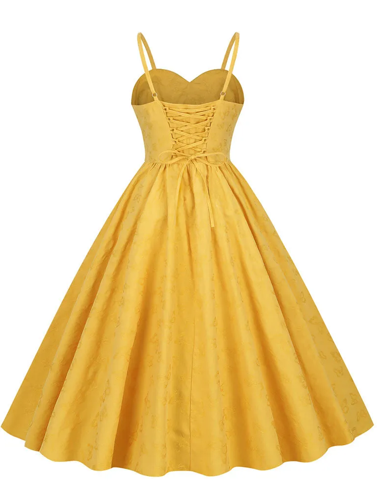 Yellow Butterfly Strap Sleeveless 1950S Vinatge Dress