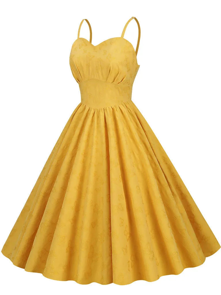 Yellow Butterfly Strap Sleeveless 1950S Vinatge Dress