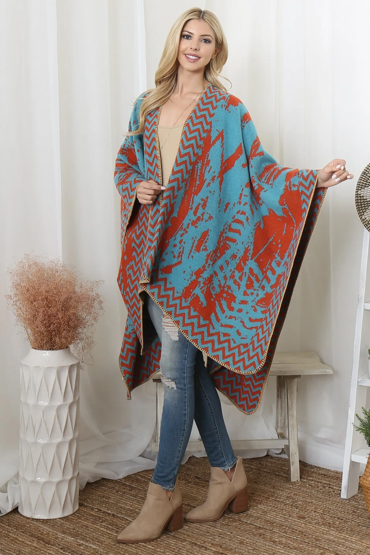 ZIG ZAG BORDER ABSTRACT WARMER OPEN FRONT KIMONO