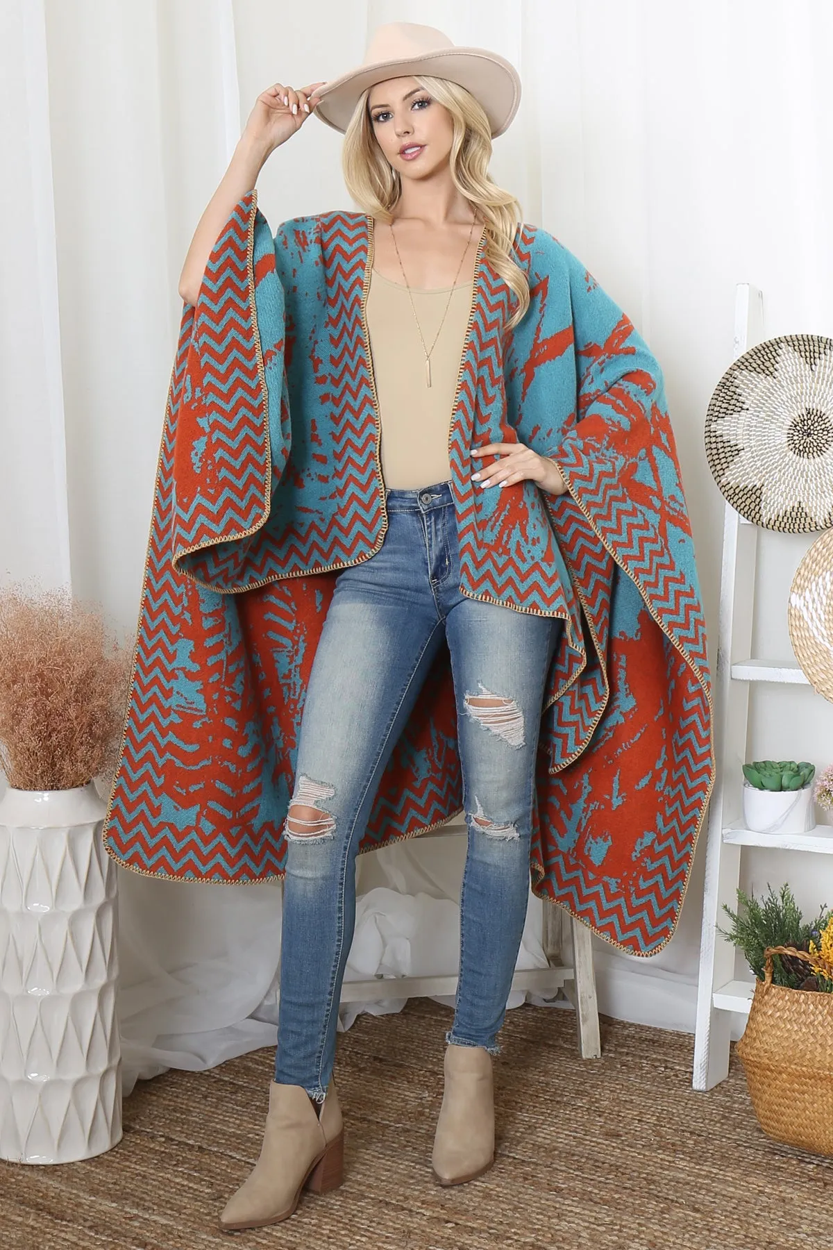 ZIG ZAG BORDER ABSTRACT WARMER OPEN FRONT KIMONO