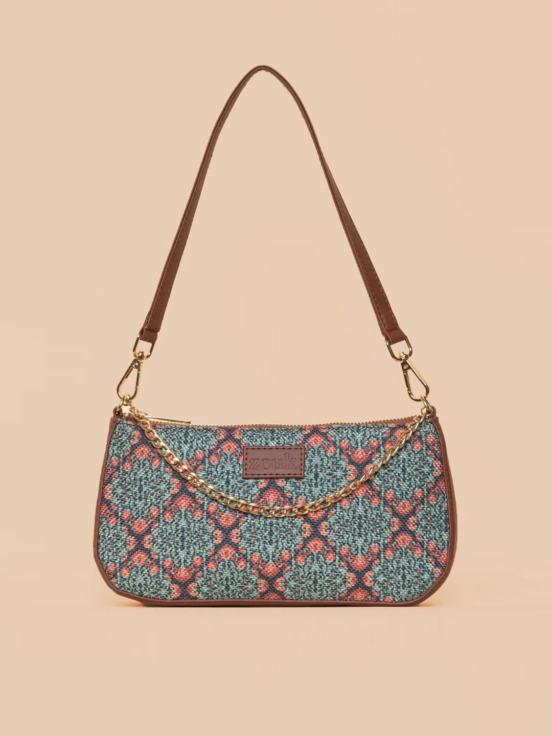 ZOUK Blue Printed Structured Baguette Sling Bag